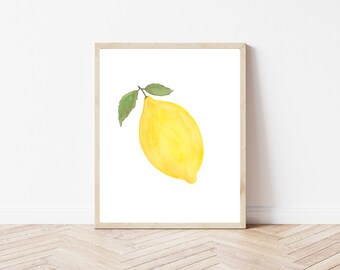 Yellow lemon watercolor, single lemon, minimalist lemon, watercolor prints, lemon kitchen decor