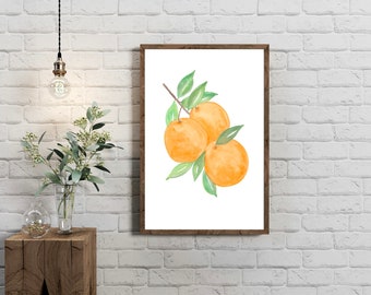 Orange watercolor, cluster of oranges, oranges on branch, orange cluster watercolor, citrus art