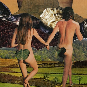 May include: A collage image featuring two figures walking away from a large, brown, rocky structure. The figures are nude and have leaves covering their private areas. The background is a mix of green, brown, and blue colors.