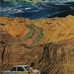 May include: A white car parked in front of a large, brown, rocky cliff. A person is standing next to the car holding a long, wooden surfboard. The background is a painting of a blue sky with white clouds and a yellow and green landscape.