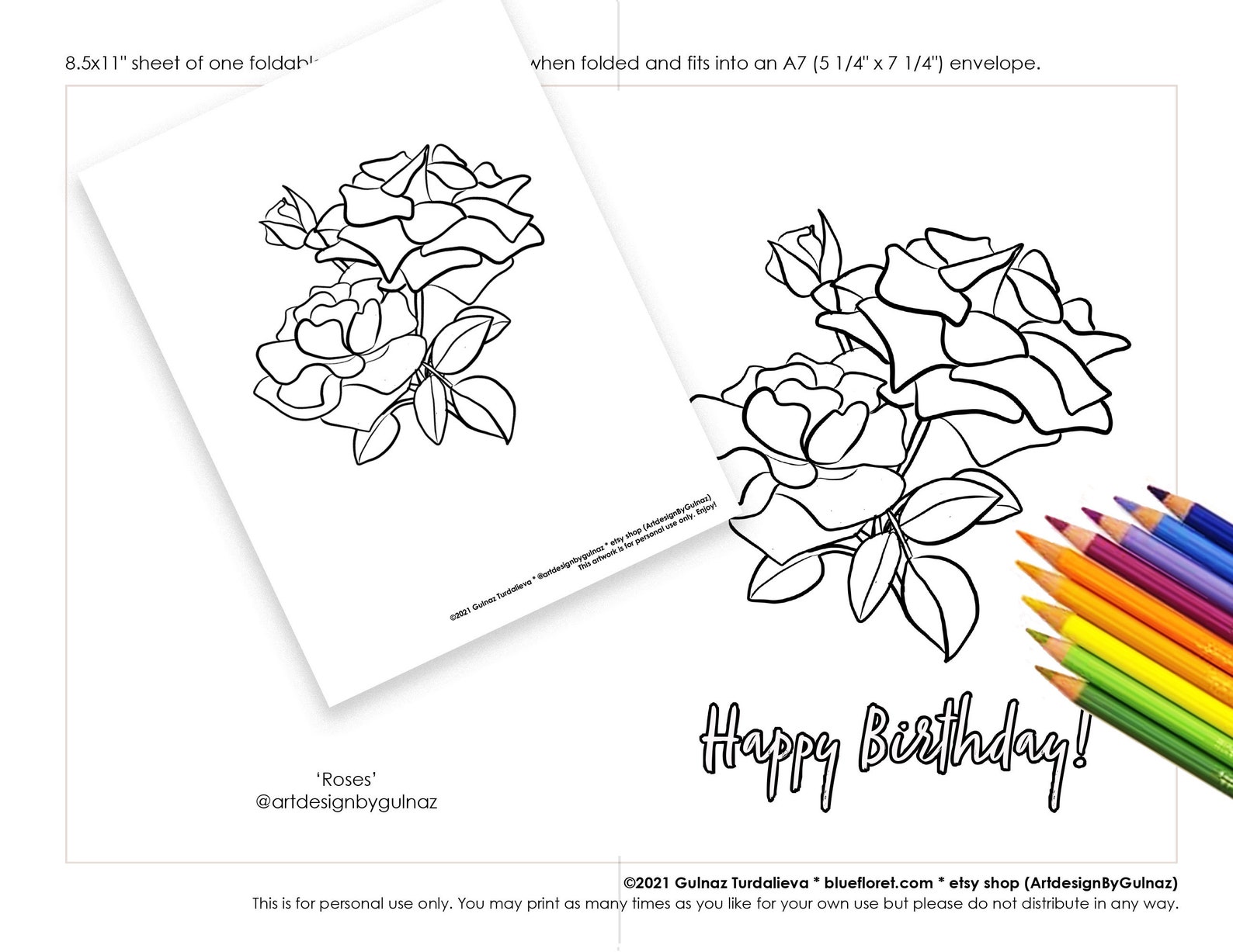 Birthday Roses Printable Set Coloring Greeting Card plus | Etsy
