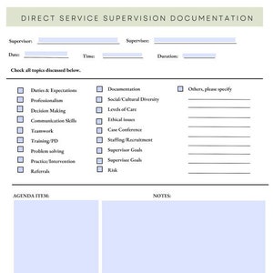 Puede incluir: Un formulario en blanco y negro con el título "Direct Service Supervision Documentation". El formulario incluye secciones para la información del supervisor y del supervisado, una lista de verificación de los temas tratados y espacio para notas y elementos de seguimiento.