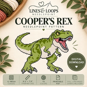 Può includere: Un modello digitale per ricamo a mezzo punto intitolato Cooper's Rex con un Tyrannosaurus Rex pixelato verde. Il design include 10 colori, tela 13 mesh e una dimensione finita di 24,1 cm per 20,1 cm. Include PDF stampabile e schemi.