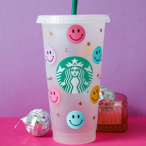 Smile Face & Stars Starbucks Cup, Trendy Starbucks Cup, Smiley Cup, Summer Starbucks Cup