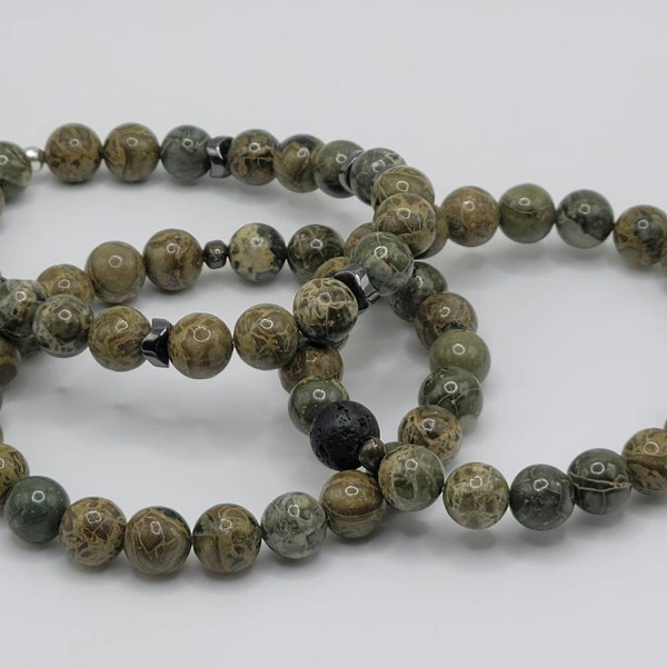 Rain Forest Jasper Natural Gemstone Beaded Stretch Bracelet - 8mm - Green - Boho - Hippie - Healing - Yoga - Women's Gift - Stone - Crystals