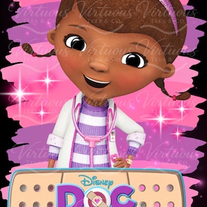 May include: A graphic illustration of Doc McStuffins wearing a white lab coat over a purple and white striped shirt, with a pink stethoscope and headband. Below, a beige adhesive bandage graphic features the text Disney Doc McStuffins.