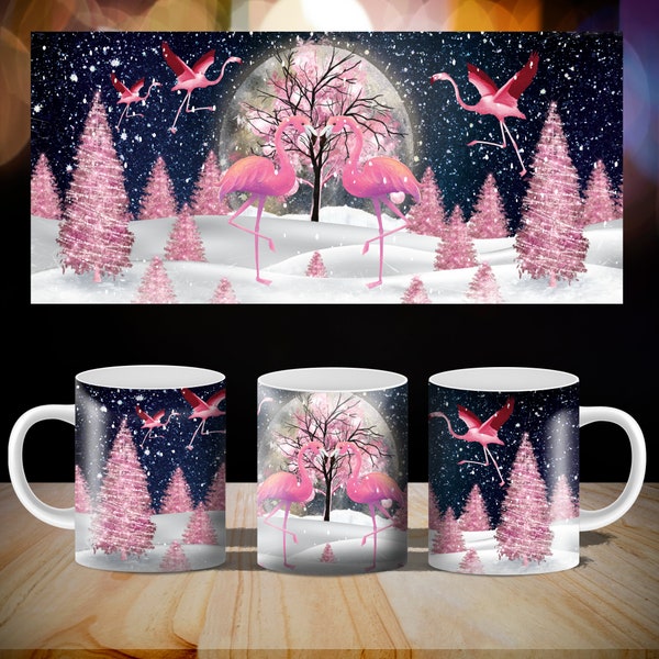 Flamingo Mug Sublimation Design Coffee Mug 11oz avec Flamingo Pink Christmas Tree pour presse et rétrécissement complet Mug PNG File Télécharger