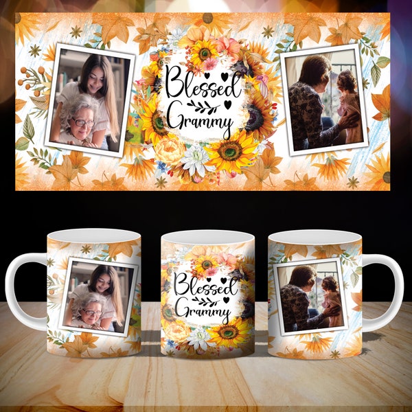 Sublimation Grandma Mug Design Coffee Mug 11oz With Fall Blessed Grammy Photo Frame for Press and Shrink Full Wrap Mug PNG File Digital