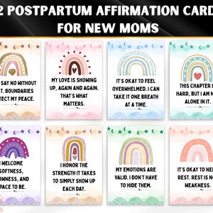 Cartes d'affirmation post-partum - Jeu de cartes amour de soi arc-en-ciel doux pour les nouvelles mamans - Cadeau imprimable sur la santé mentale pour les mères