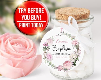 Plantilla de etiqueta de regalo para bautizo, pegatinas florales de agradecimiento, etiqueta imprimible, etiqueta de regalo para bautizo de niño o niña, etiquetas de regalo editables BP13