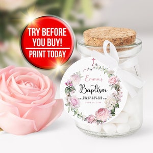 Baptism Favor Tag Template, Floral Thank You Stickers, Printable Favor Tag, Boy or Girl Baptism Favor Tag, Editable Gift Favor Tags BP13