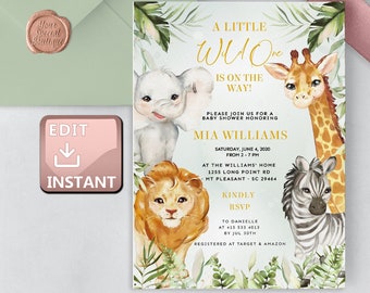 May include: A baby shower invitation with a jungle theme. The invitation features a giraffe, zebra, lion, and elephant with the text "A Little Wild One is on the Way!" and the name "Mia Williams".
