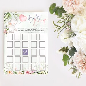 Elephant Baby Shower Bingo Cards, Printable Bingo Card, Girl Boy Baby Shower Game, Instant Download, Balloons Baby Shower, Pink Elephant
