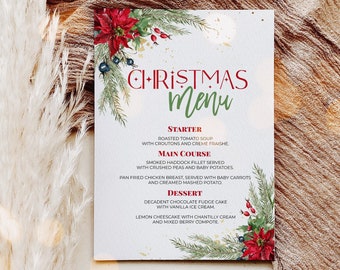 Christmas Menu Template, Christmas Berry Menu, Christmas Poinsetta Menu, Printable Christmas Menu, Holiday Menu Card-BERRY Instant Download