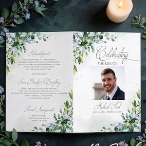 Peut inclure: Un livret de programme funéraire avec un fond blanc et des accents floraux aquarelles verts et bleus. Le texte indique Celebrating The Life Of Michael Ford, July 19, 19XX - March 21, 20XX, Acknowledgments et Inner Beauty Is Everything.