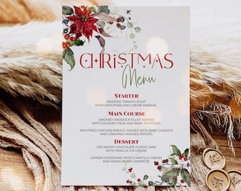 Christmas Menu Template, Christmas Berry Menu, Christmas Poinsetta Menu, Printable Christmas Menu, Holiday Menu Card-BERRY Instant Download