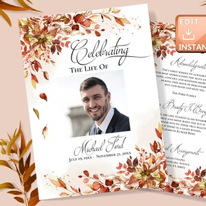 Modèle de programme de funérailles d'automne, programme de funérailles commémoratives, service funèbre en mémoire d'amour nécrologie Célébration de la vie Funérailles F033