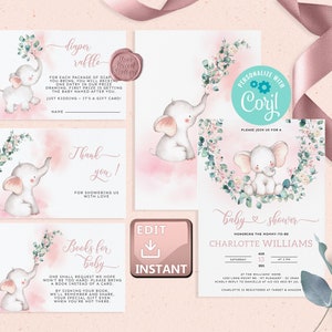 May include: Pink and green baby shower invitation with a watercolour illustration of an elephant holding a flower. The invitation says "baby shower" and "honoring the mommy-to-be Charlotte Williams".