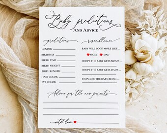 Tarjeta minimalista con predicciones para el nacimiento de un bebé, consejos para futuros padres, deseos para futuros padres, juegos para baby shower, plantilla de descarga instantánea