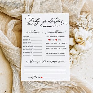 Minimalistische kaart babyvoorspelling, advies voor toekomstige ouders, wensen voor toekomstige ouders, babyshowergames, sjabloon voor directe download