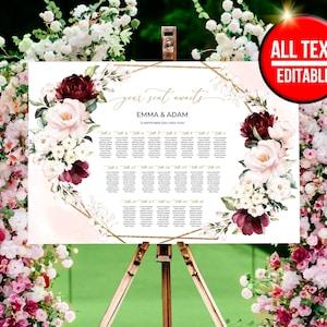 Bruiloft zitplaatsen grafiek, bordeaux zitplaatsen grafieksjabloon, bruiloft zitplaatsen teken, bordeaux en blozen, bruiloft zitplaatsen rozen, bloemen grafiek W010