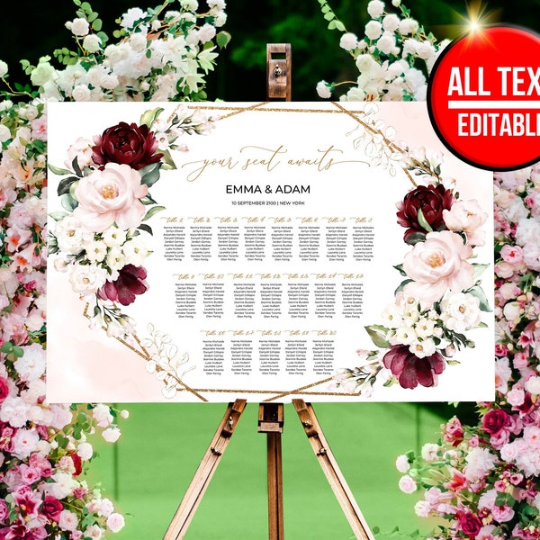 Wedding Seating Chart, Burgundy Seating Chart Template, Wedding Seating Sign, burgundy and blush, Wedding Seating Roses, Floral Chart W010