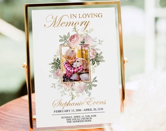 Puede incluir: Una tarjeta conmemorativa blanca con un borde dorado y un diseño floral. La tarjeta presenta una foto de una mujer y un perro. El texto dice "In Loving Memory Stephanie Evens February 15, 2000 - April 20, 2110 Sunday, April 15, 2100, 9AM The Local Church The Address Here"