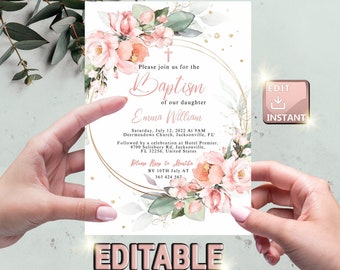 LDS Baptism Invitation Template, Christening Printable Baptism Invitation LDS girl Template, Printable Invite, Corjl Instant Download BP23