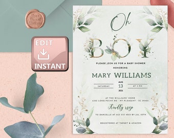 Baby Shower Editable Invitation, Invitation Boy editable, Oh Baby shower,Baby Shower invitation little, Baby Shower invites, Template, Green