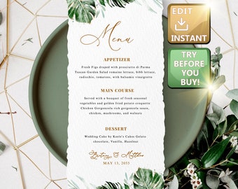 Wedding Menu Template Tropical, Wedding Menu Template Editable Instant Download, Wedding Menu Cards with Gold, Wedding Menu Modern W018