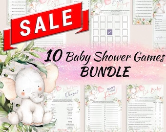 May include: A set of 10 printable baby shower games featuring a cute elephant illustration with pink and green floral accents. The games include "Who Said It", "Baby Bingo", "The Price is Right", "Baby Predictions", "What's Your Purge", "Baby Name Reveal", "Oh Baby True or False", "Animal Pregnancy Game", and more.