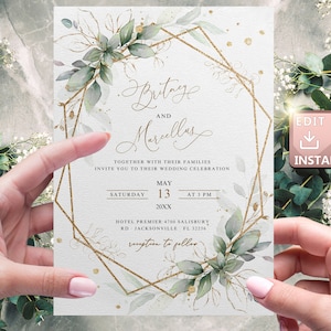 Wedding invitation Digital Greenery,  Geometric Wedding E Invite By Mail, Invitation Electronic Card, Smartphone, Digital Template,  W002