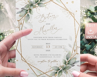 Wedding invitation Digital Greenery,  Geometric Wedding E Invite By Mail, Invitation Electronic Card, Smartphone, Digital Template,  W002