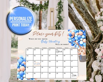 Vervaldatum kalenderspel beer ballonnen jongen blauw, babyshowerspel, baby's geboortedatum raden, bewerkbare babyvoorspelling, vervaldatumspel BS013