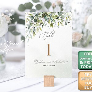 Tafelnummers bruiloft, groene eucalyptusbladeren, 2 maten: 5 x 7&quot; en 4 x 6&quot;, direct downloaden, bewerkbare boho-kaartsjabloon W001