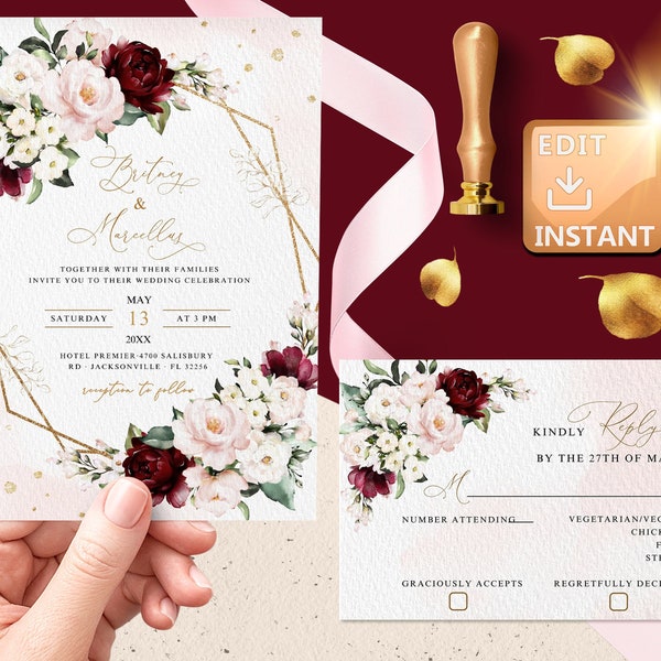 Wedding Invitation Burgundy, Wedding Invitation greenery burgundy, Wedding Invitation burgundy and blush, Wedding Invitation Roses rsvp W010