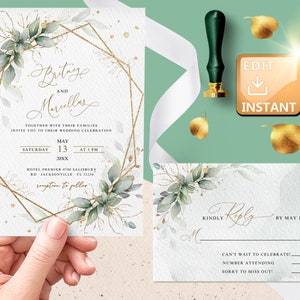 Hochzeitseinladung Greenery Gold, Hochzeitseinladung Gold, Vorlage, Hochzeitseinladung Bearbeitbar, Hochzeitseinladung und Rsvp, Greenery Gold W002