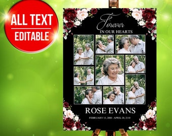 May include: A black and white photo collage memorial poster with a floral border. The poster features a couple with the text "Forever in Our Hearts" and "Rose Evans" with dates "February 15, 2000 - April 20, 2110".