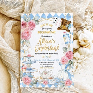 Invitation Alice au pays des merveilles, lunatique Mad Tea Party inviter Onederland Girl moderne 1er anniversaire rose pastel modèle numérique 112