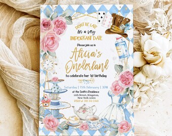 Alice in Wonderland Invitation, EDITABLE Whimsical Mad Tea Party Invite Onederland Girl Modern 1st Birthday Pastel Pink Template Digital 112