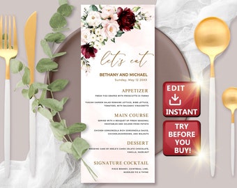 Modello di menu per matrimonio Borgogna, Menu per matrimonio Rosa cipria, Menu per matrimonio stampabile, Menu per matrimonio Boho, modello di menu scaricabile immediatamente, schede menu W010