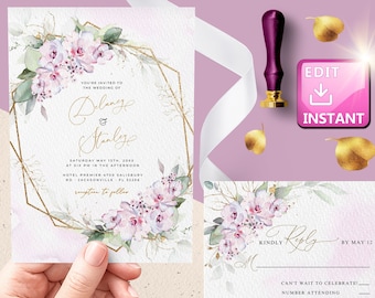 Invitación de boda floral, invitación de boda morada, invitación de boda lavanda, invitación de boda con flores, kit de invitación de boda W005