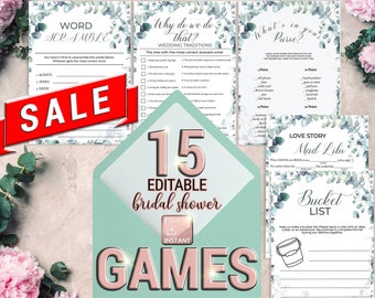 Greenery Bridal Shower Games, 15 Game Bundle (Printable Editable)
