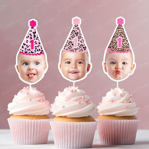 Pink Leopard cupcake photo toppers digital file, face topper picks, cupcake birthday glitter, anniversary, any age, wild one cupcake toppers