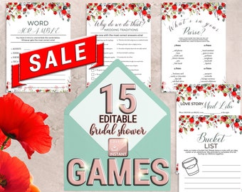 Floral Bridal Shower Games, 15 Editable Party Games (Digital Download)