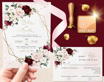 Wedding Invitation Burgundy, Wedding Invitation greenery burgundy, Wedding Invitation burgundy and blush, Wedding Invitation Roses rsvp W010