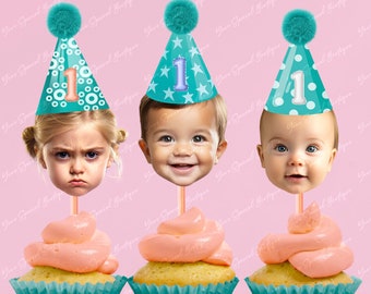 Benutzerdefinierte Gesicht Cupcake Topper, erster Geburtstag, Dekorationen, Gesicht Foto Partyhut Cupcake Topper für ersten Meilenstein Geburtstag Fotos Partyhut