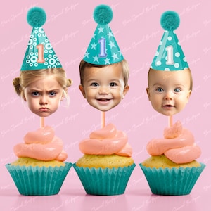 Custom face cupcake toppers, first birthday, decorations, Face Photo Party hat cupcake topper for first milestone birthday photos party hat
