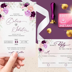 Pioenhuwelijksuitnodiging, huwelijksuitnodiging lavendel, rozen, paars, bloemen, eucalyptusroze, huwelijksuitnodiging en RSVP, afdrukbare W007