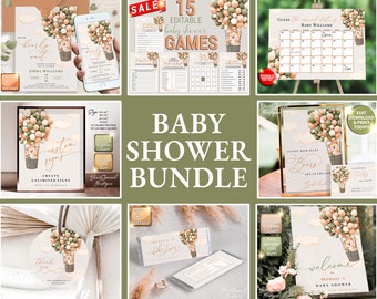Baby Shower Bundle, Baby Shower Bundle Bear Party, Baby Shower Set Editable Printable Baby Shower Games Bear Balloons GREEN SAGE CREAM BS029